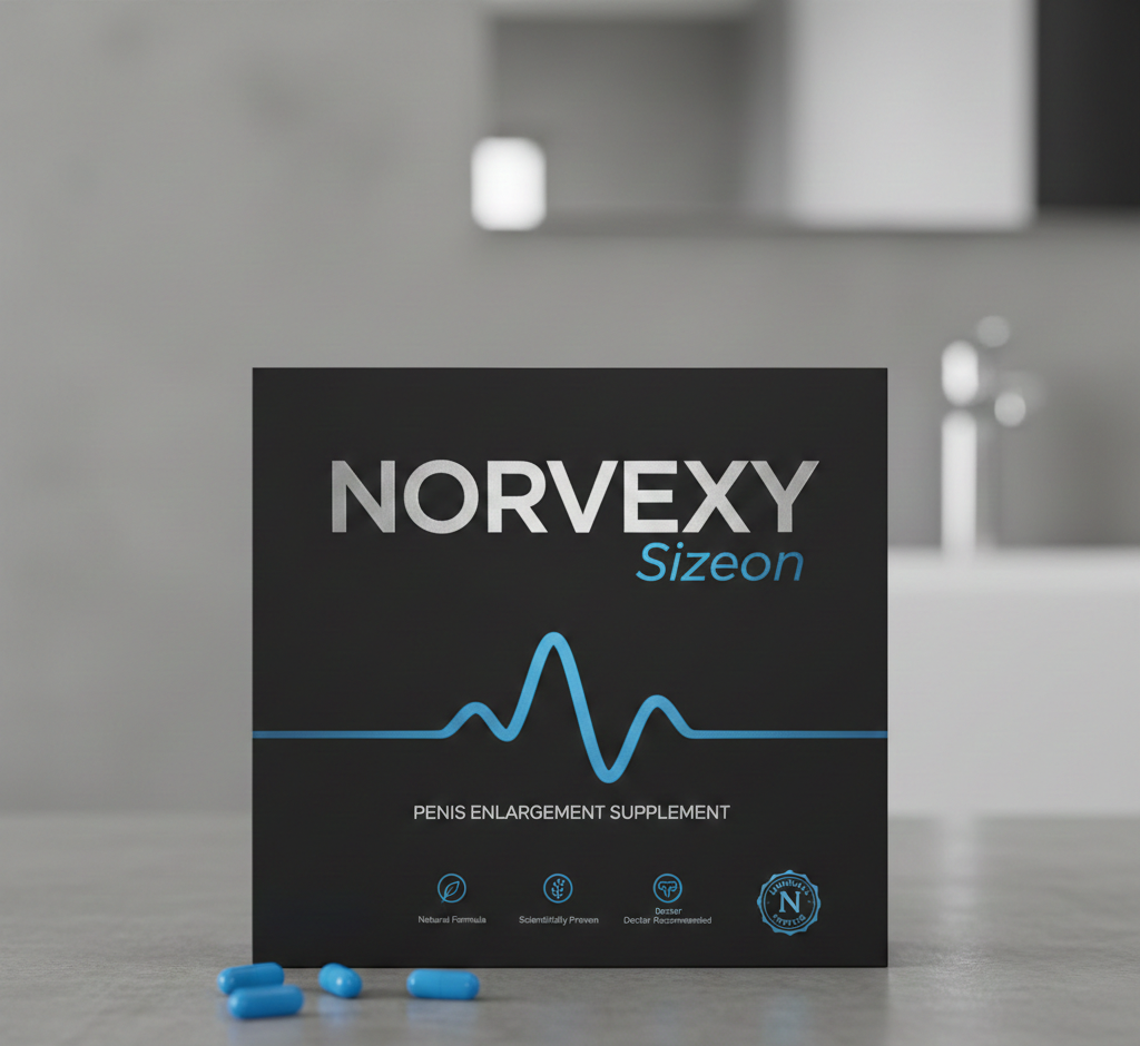 Professional Sizeon supplement bottle with dark green label featuring modern minimalist design, premium glass bottle with white cap, displayed on clean white background with subtle shadows, photorealistic product photography style